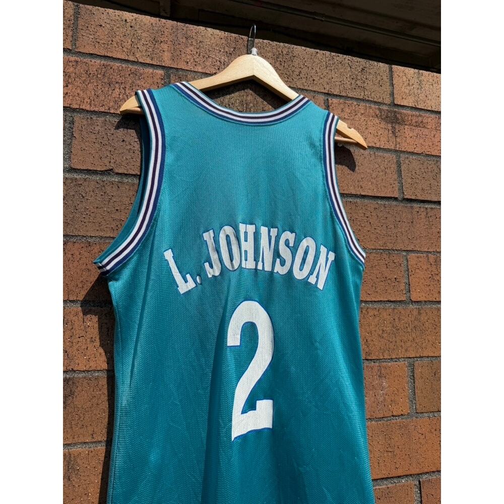 90s Champion Larry Johnson Vintage Teal Charlotte Hornets NBA Basketball Jersey - Picture 9 of 9